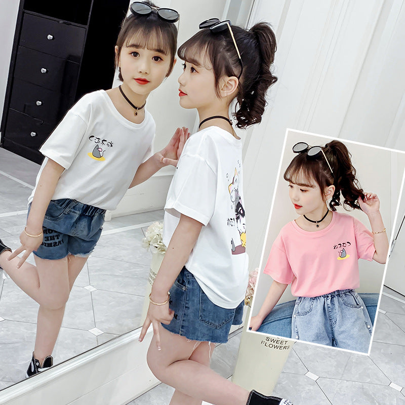 Girls short-sleeved T-shirt 2024 new summer clothes for children, middle and large children, fashionable T-shirt pullover knitted cotton sweater tops