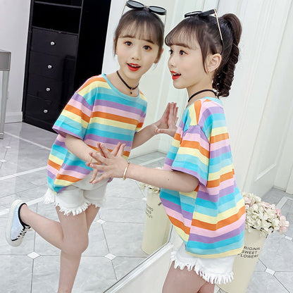 Girls short-sleeved T-shirt 2024 new summer clothes for children, middle and large children, fashionable T-shirt pullover knitted cotton sweater tops