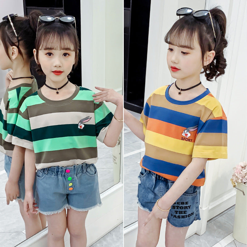 Girls short-sleeved T-shirt 2024 new summer clothes for children, middle and large children, fashionable T-shirt pullover, knitted cotton shirt tops, trendy