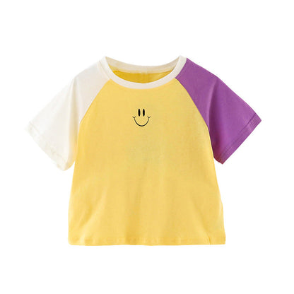 Girls short-sleeved T-shirt 2024 new summer clothes for children, middle and large children, fashionable T-shirt pullover knitted cotton sweater tops