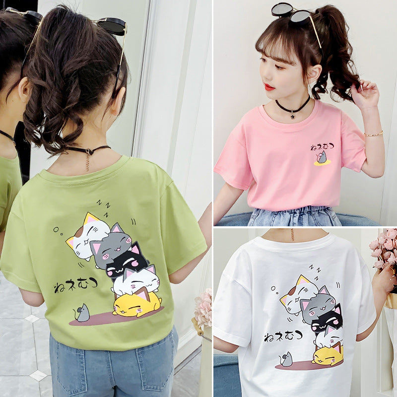 Girls short-sleeved T-shirt 2024 new summer clothes for children, middle and large children, fashionable T-shirt pullover knitted cotton sweater tops