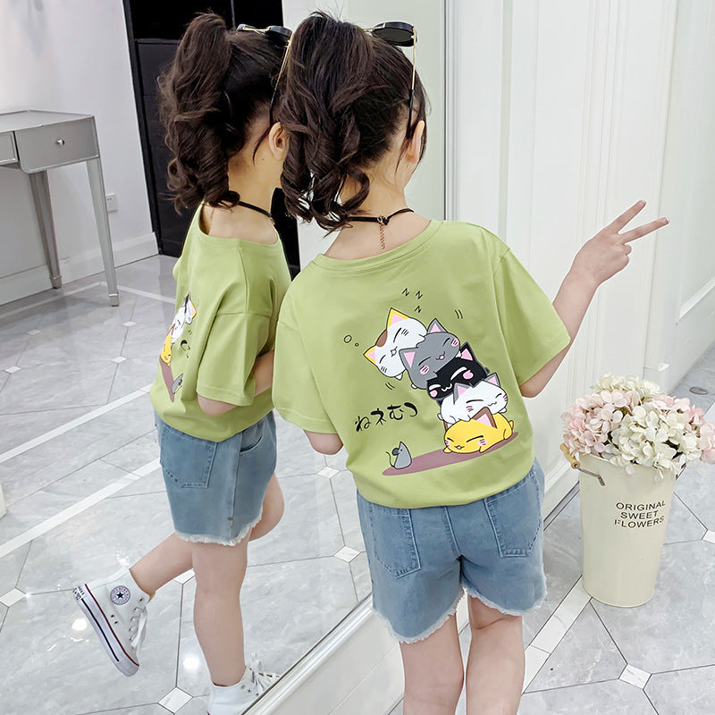 Girls short-sleeved T-shirt 2024 new summer clothes for children, middle and large children, fashionable T-shirt pullover knitted cotton sweater tops