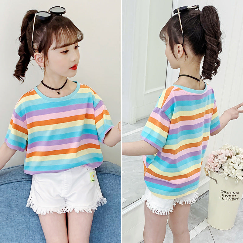 Girls short-sleeved T-shirt 2024 new summer clothes for children, middle and large children, fashionable T-shirt pullover knitted cotton sweater tops