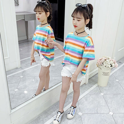 Girls short-sleeved T-shirt 2024 new summer clothes for children, middle and large children, fashionable T-shirt pullover knitted cotton sweater tops