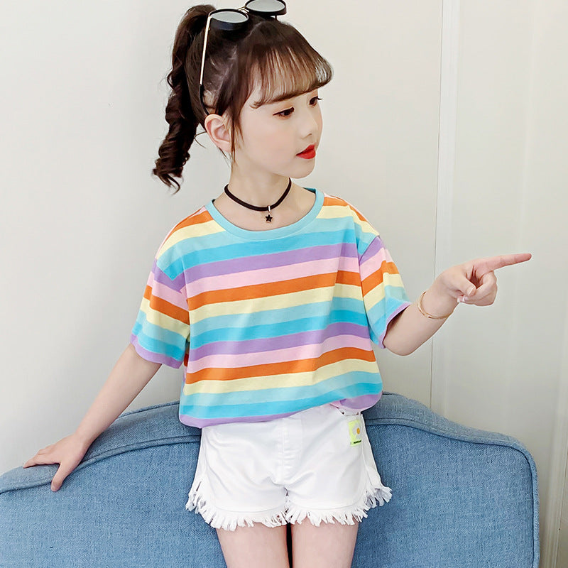 Girls short-sleeved T-shirt 2024 new summer clothes for children, middle and large children, fashionable T-shirt pullover knitted cotton sweater tops