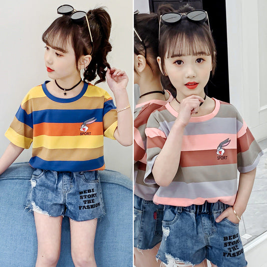 Girls short-sleeved T-shirt 2024 new summer clothes for children, middle and large children, fashionable T-shirt pullover, knitted cotton shirt tops, trendy