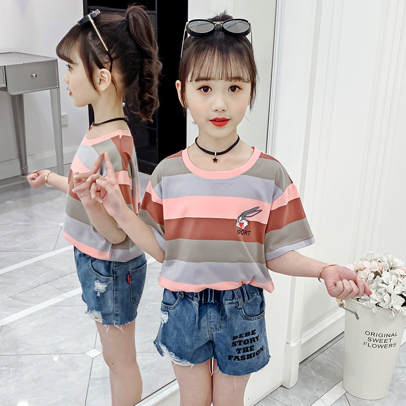 Girls short-sleeved T-shirt 2024 new summer clothes for children, middle and large children, fashionable T-shirt pullover, knitted cotton shirt tops, trendy