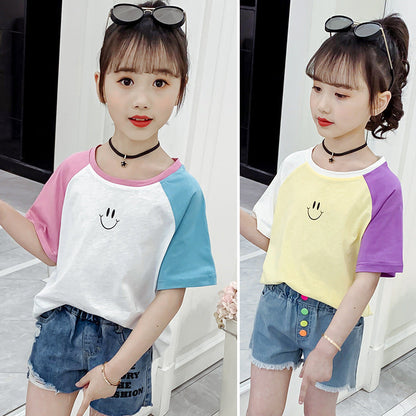 Girls short-sleeved T-shirt 2024 new summer clothes for children, middle and large children, fashionable T-shirt pullover knitted cotton sweater tops