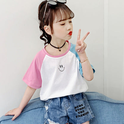 Girls short-sleeved T-shirt 2024 new summer clothes for children, middle and large children, fashionable T-shirt pullover knitted cotton sweater tops