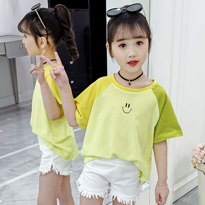 Girls short-sleeved T-shirt 2024 new summer clothes for children, middle and large children, fashionable T-shirt pullover knitted cotton sweater tops