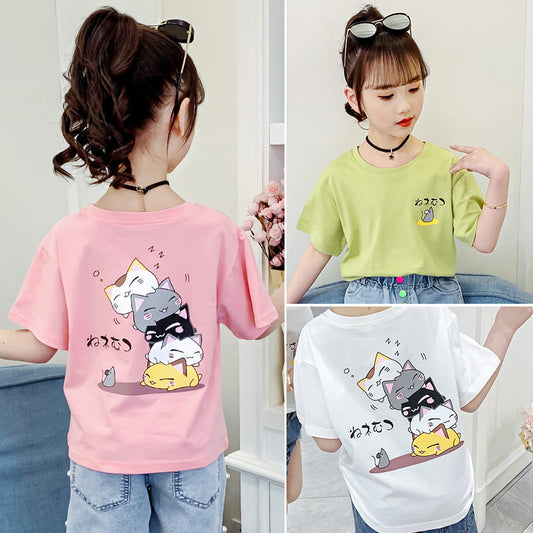 Girls short-sleeved T-shirt 2024 new summer clothes for children, middle and large children, fashionable T-shirt pullover knitted cotton sweater tops