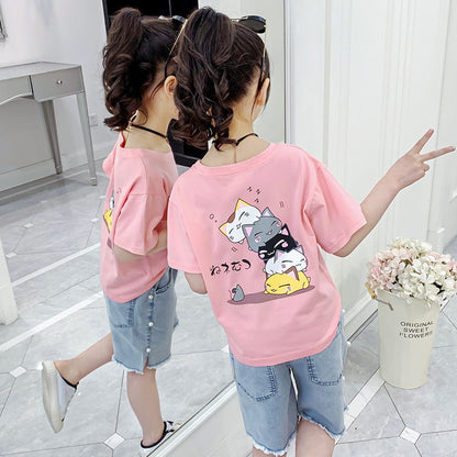 Girls short-sleeved T-shirt 2024 new summer clothes for children, middle and large children, fashionable T-shirt pullover knitted cotton sweater tops