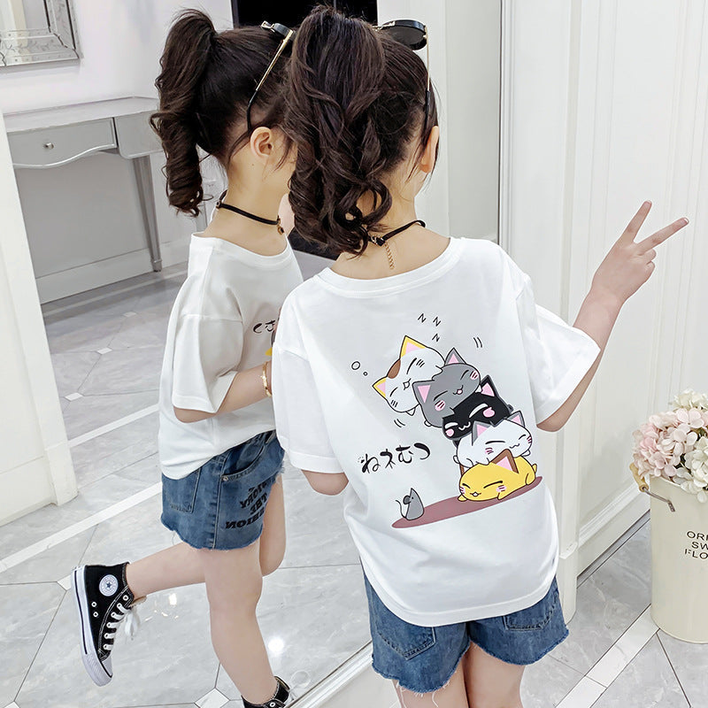 Girls short-sleeved T-shirt 2024 new summer clothes for children, middle and large children, fashionable T-shirt pullover knitted cotton sweater tops