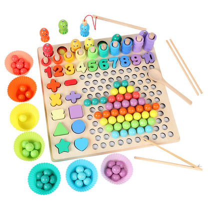 Children's wooden concentration thinking training 13-in-1 bead clamp chopsticks fishing memory chess educational toys