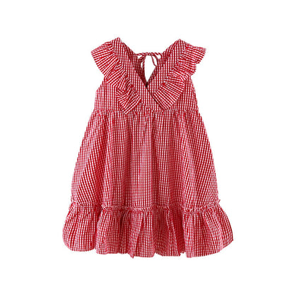 Girls 2024 summer new dress small plaid v-neck skirt campus college style medium and long cotton skirt