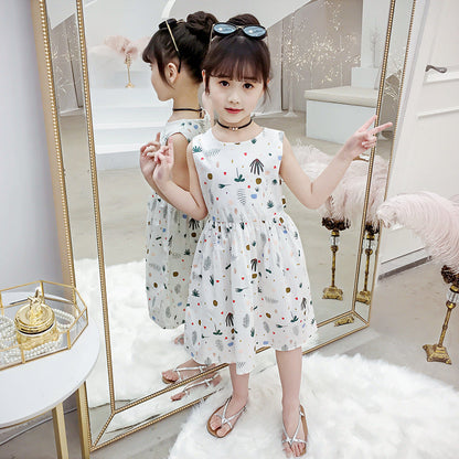 Children's Day Girls 2024 Summer New Cotton Floral Dress Off-shoulder Sleeveless Vest Dress Cotton Skirt