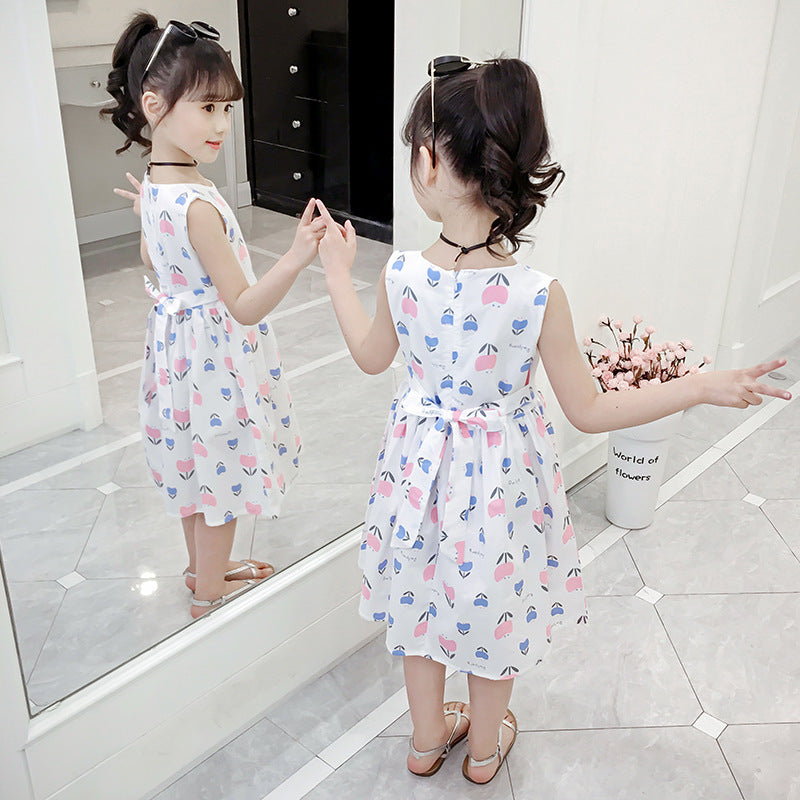 Children's Day Girls 2024 Summer New Cotton Floral Dress Off-shoulder Sleeveless Vest Dress Cotton Skirt