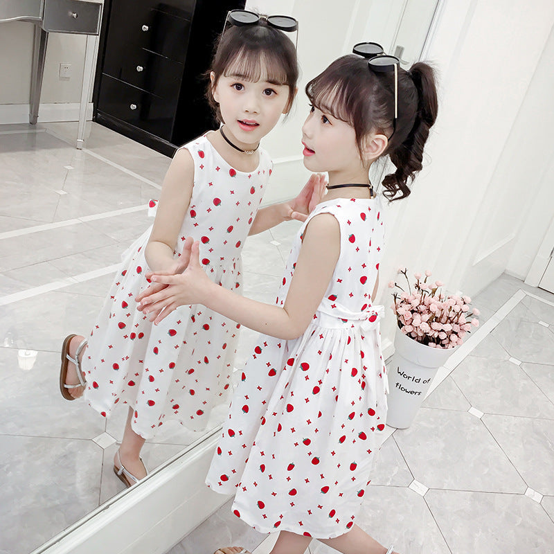 Children's Day Girls 2024 Summer New Cotton Floral Dress Off-shoulder Sleeveless Vest Dress Cotton Skirt