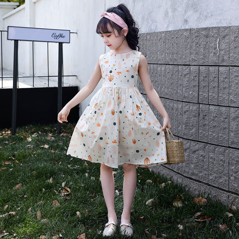 2024 summer new vest dress floral cotton dress print middle and large children's cotton princess dress trendy girl dress