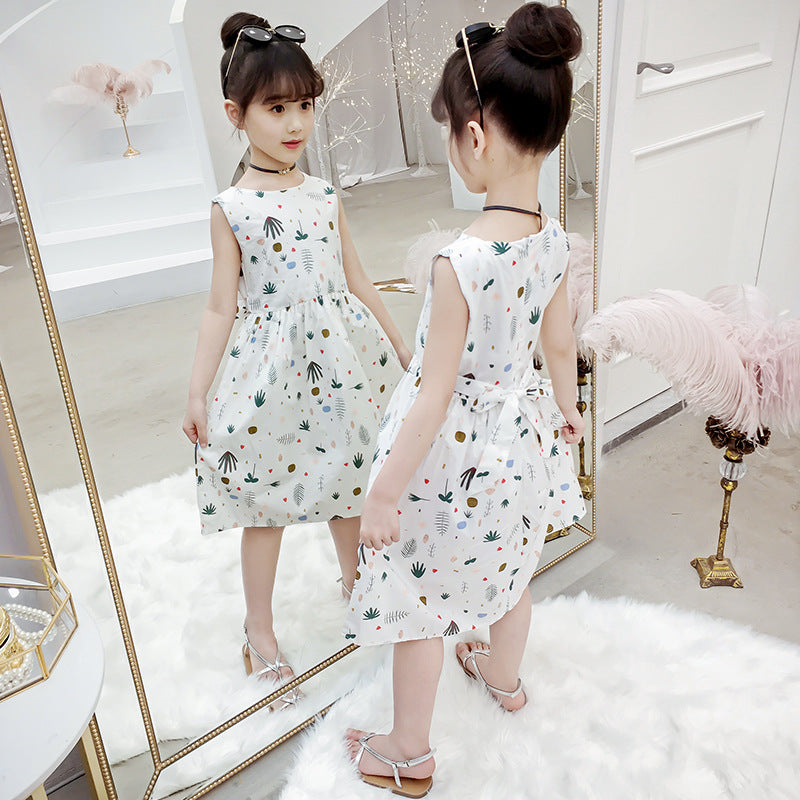 2024 summer new vest dress floral cotton dress print middle and large children's cotton princess dress trendy girl dress