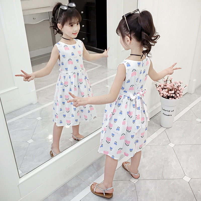 2024 summer new girls dress vest skirt floral cotton skirt print middle and large children cotton princess skirt trend