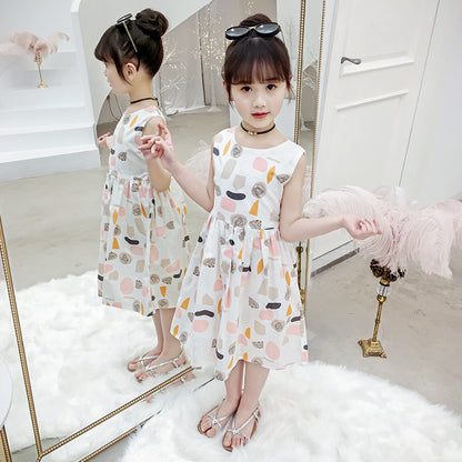 Children's Day Girls 2024 Summer New Cotton Floral Dress Off-shoulder Sleeveless Vest Dress Cotton Skirt