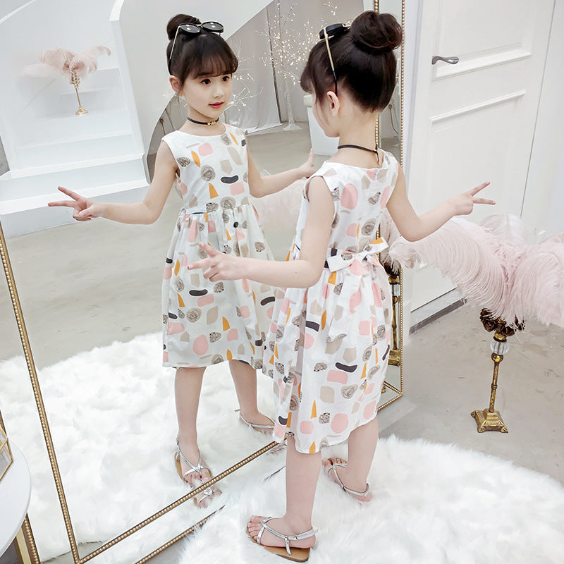 2024 summer new vest dress floral cotton dress print middle and large children's cotton princess dress trendy girl dress