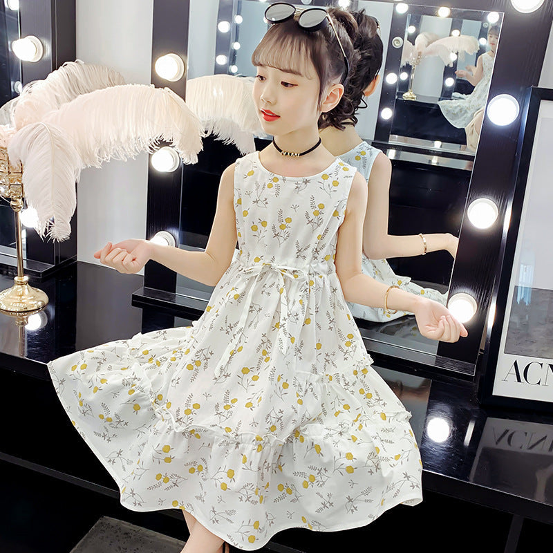 Girls dress 2024 new summer pure cotton dress floral vest long skirt casual waist cotton skirt