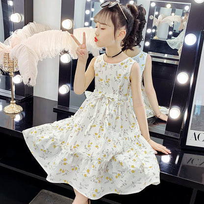 Girls dress 2024 new summer pure cotton dress floral vest long skirt casual waist cotton skirt