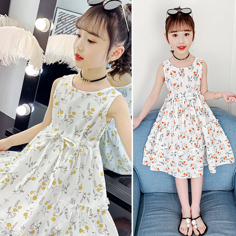 Girls dress 2024 new summer pure cotton dress floral vest long skirt casual waist cotton skirt