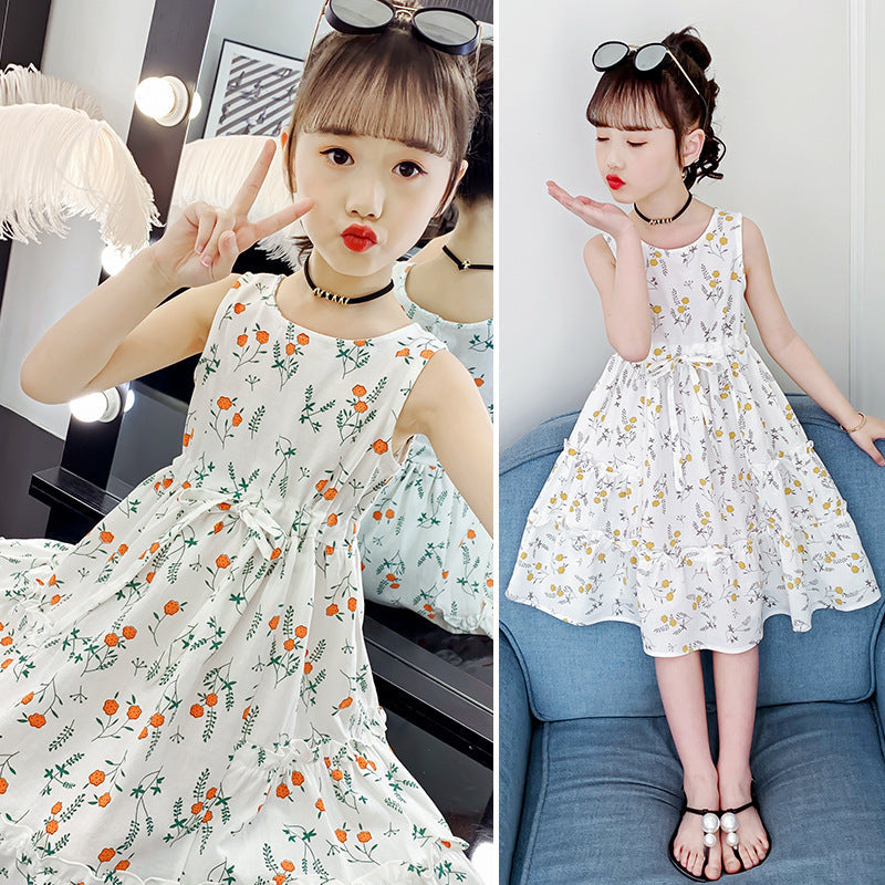 Girls dress 2024 new summer pure cotton dress floral vest long skirt casual waist cotton skirt