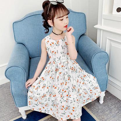 Girls dress 2024 new summer pure cotton dress floral vest long skirt casual waist cotton skirt