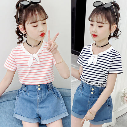 Girls short-sleeved T-shirt 2024 new summer clothes for children, middle and large children, fashionable T-shirt pullover knitted cotton sweater tops