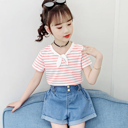 Girls short-sleeved T-shirt 2024 new summer clothes for children, middle and large children, fashionable T-shirt pullover knitted cotton sweater tops