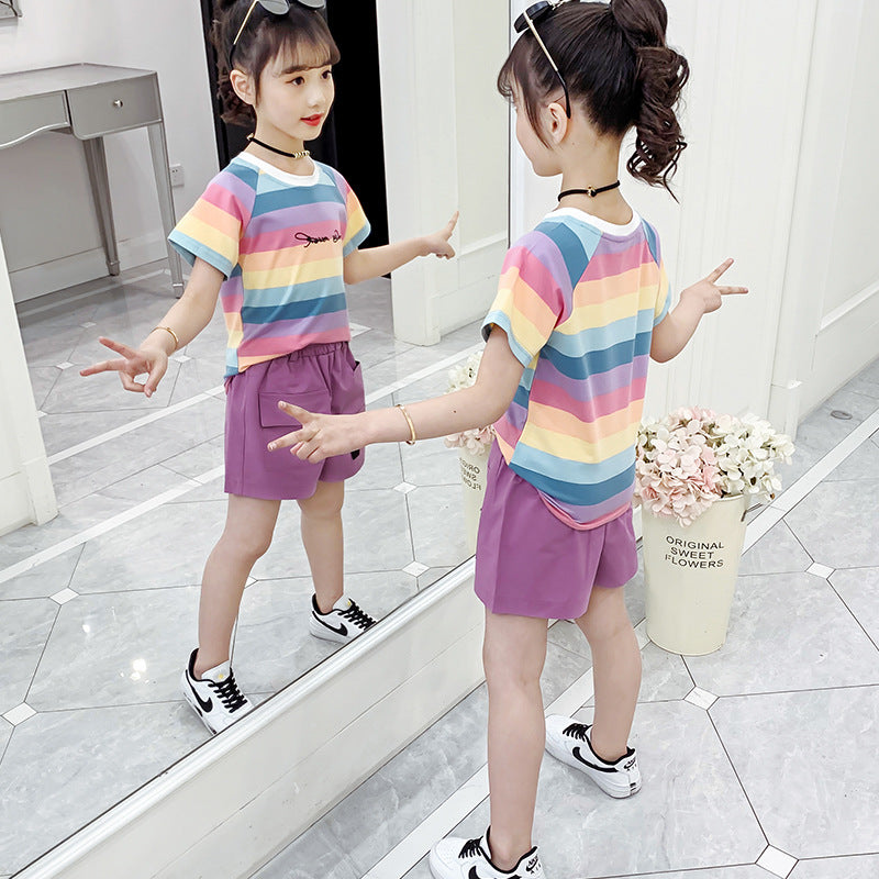 Girls short-sleeved T-shirt 2024 new summer clothes for children, middle and large children, fashionable T-shirt pullover knitted cotton sweater tops trendy