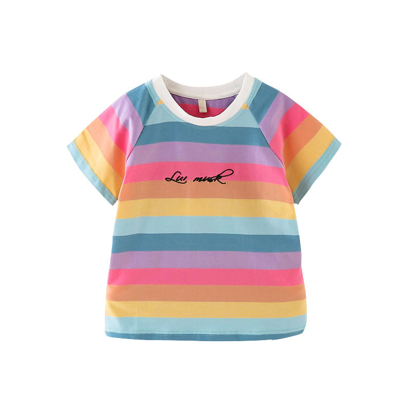 Girls short-sleeved T-shirt 2024 new summer clothes for children, middle and large children, fashionable T-shirt pullover knitted cotton sweater tops trendy