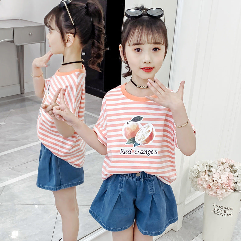 Girls short-sleeved T-shirt 2024 new summer clothes for children, middle and large children, fashionable T-shirt pullover knitted cotton sweater tops