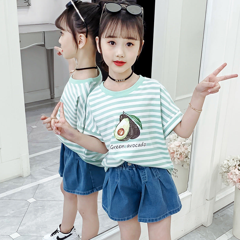 Girls short-sleeved T-shirt 2024 new summer clothes for children, middle and large children, fashionable T-shirt pullover knitted cotton sweater tops