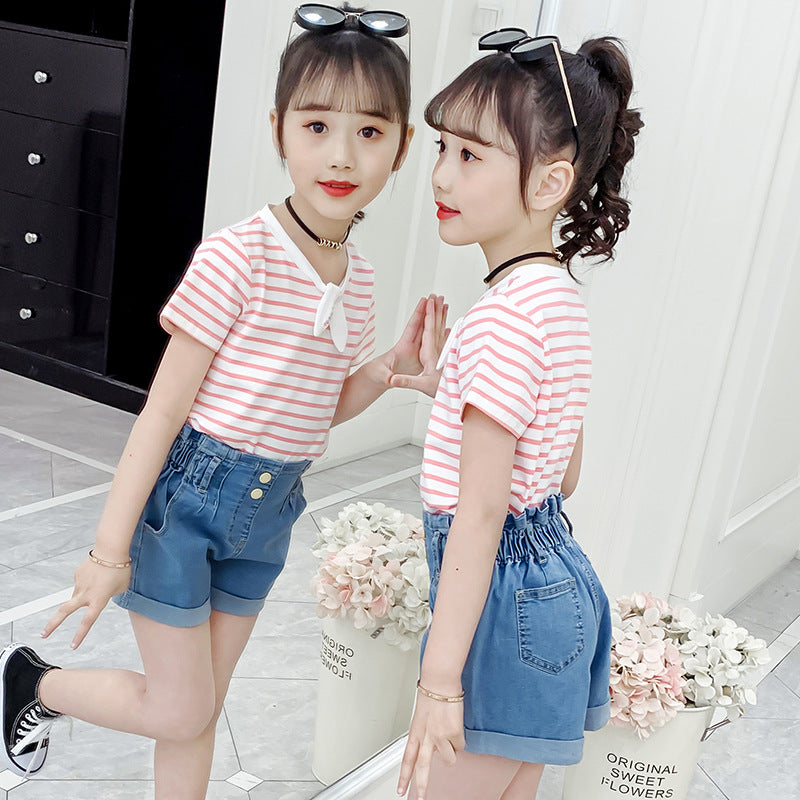 Girls short-sleeved T-shirt 2024 new summer clothes for children, middle and large children, fashionable T-shirt pullover knitted cotton sweater tops