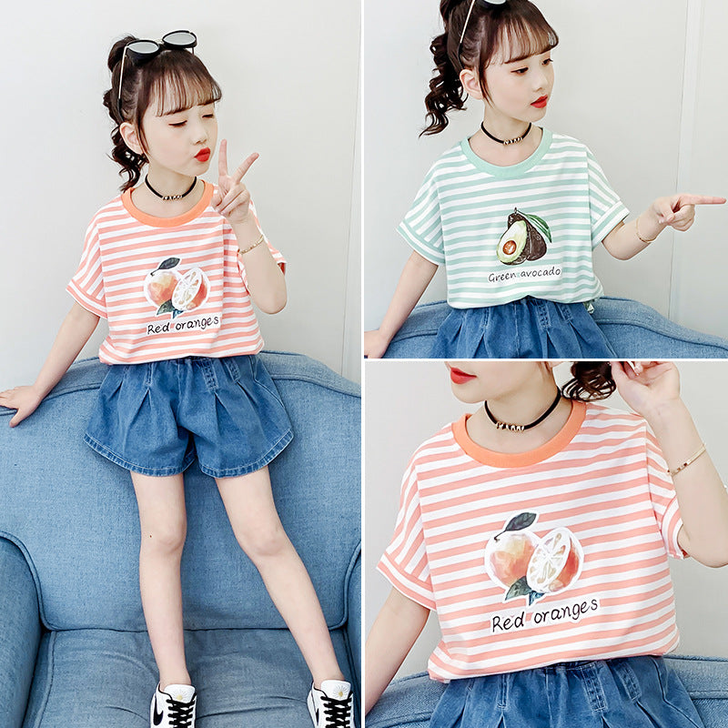 Girls short-sleeved T-shirt 2024 new summer clothes for children, middle and large children, fashionable T-shirt pullover knitted cotton sweater tops