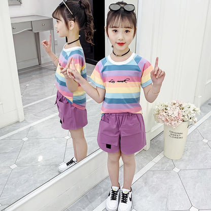 Girls short-sleeved T-shirt 2024 new summer clothes for children, middle and large children, fashionable T-shirt pullover knitted cotton sweater tops trendy