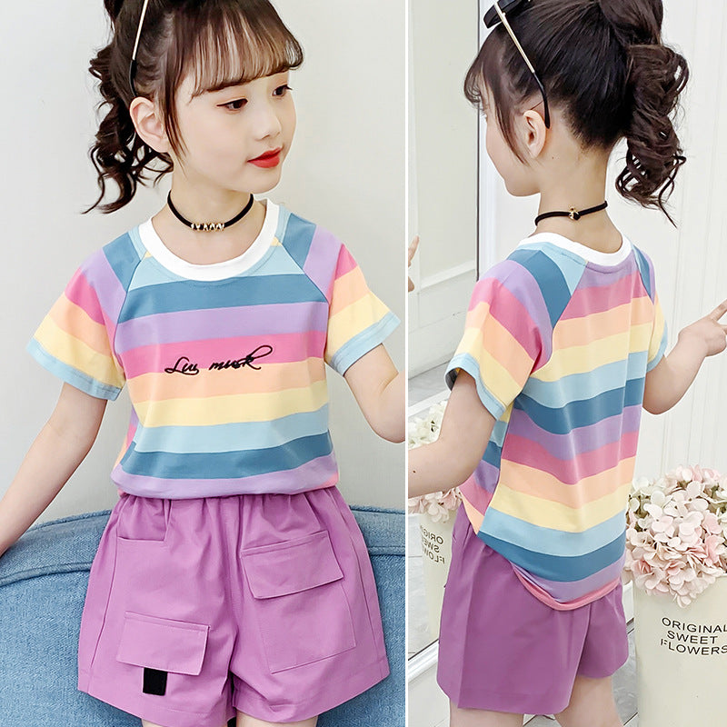 Girls short-sleeved T-shirt 2024 new summer clothes for children, middle and large children, fashionable T-shirt pullover knitted cotton sweater tops trendy