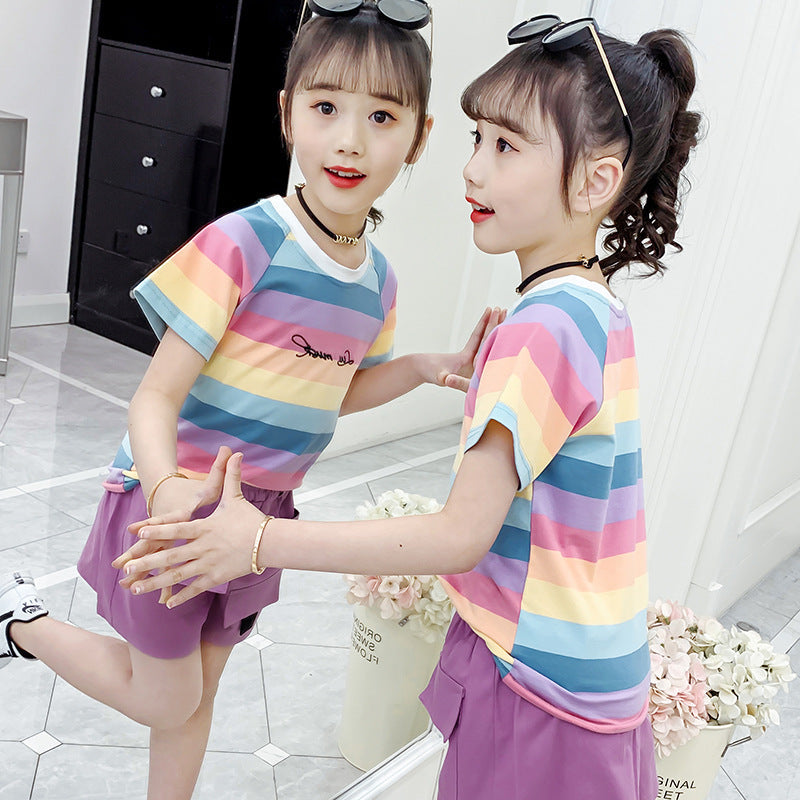 Girls short-sleeved T-shirt 2024 new summer clothes for children, middle and large children, fashionable T-shirt pullover knitted cotton sweater tops trendy