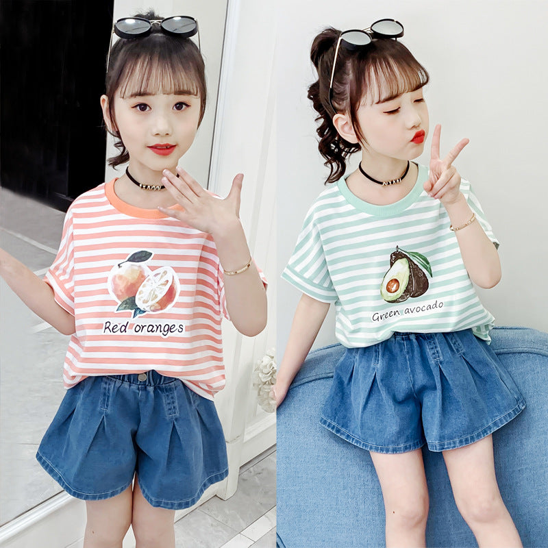 Girls short-sleeved T-shirt 2024 new summer clothes for children, middle and large children, fashionable T-shirt pullover knitted cotton sweater tops