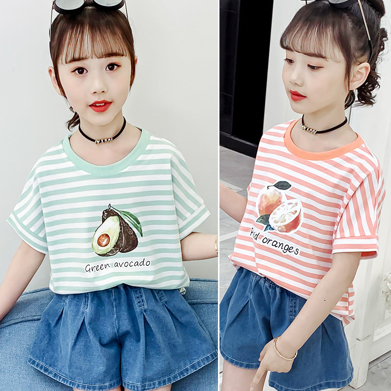 Girls short-sleeved T-shirt 2024 new summer clothes for children, middle and large children, fashionable T-shirt pullover knitted cotton sweater tops