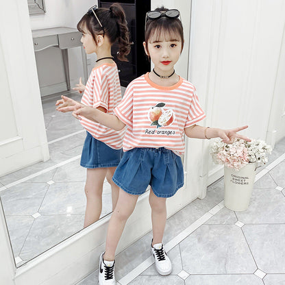 Girls short-sleeved T-shirt 2024 new summer clothes for children, middle and large children, fashionable T-shirt pullover knitted cotton sweater tops