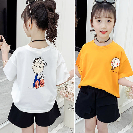 Girls short-sleeved T-shirt 2024 new summer clothes for children, middle and large children, fashionable T-shirt pullover knitted cotton sweater tops