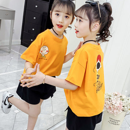 Girls short-sleeved T-shirt 2024 new summer clothes for children, middle and large children, fashionable T-shirt pullover knitted cotton sweater tops