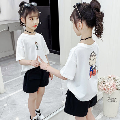 Girls short-sleeved T-shirt 2024 new summer clothes for children, middle and large children, fashionable T-shirt pullover knitted cotton sweater tops