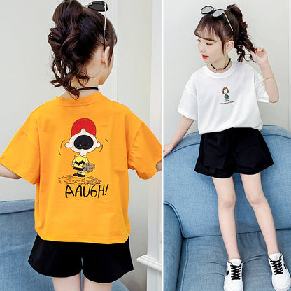 Girls short-sleeved T-shirt 2024 new summer clothes for children, middle and large children, fashionable T-shirt pullover knitted cotton sweater tops